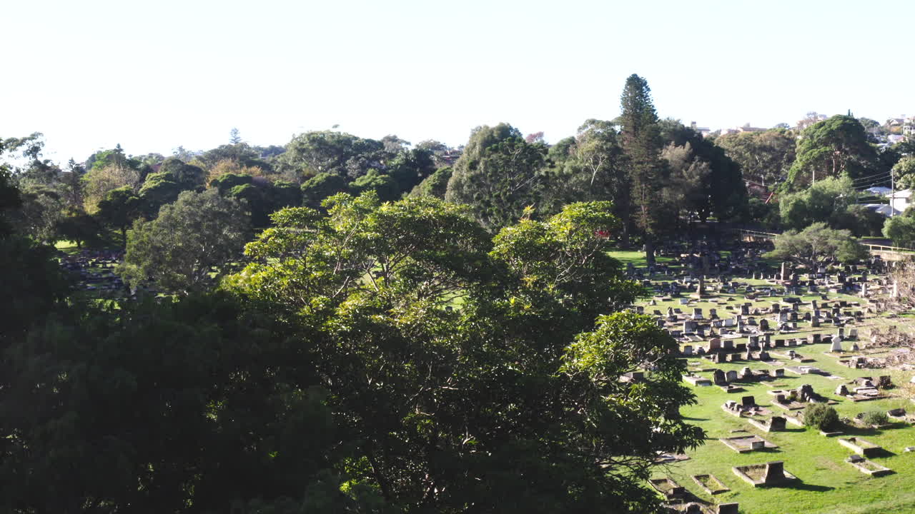 Ampia ripresa aerea con drone intorno a un grande cimitero in Australia in una giornata di sole