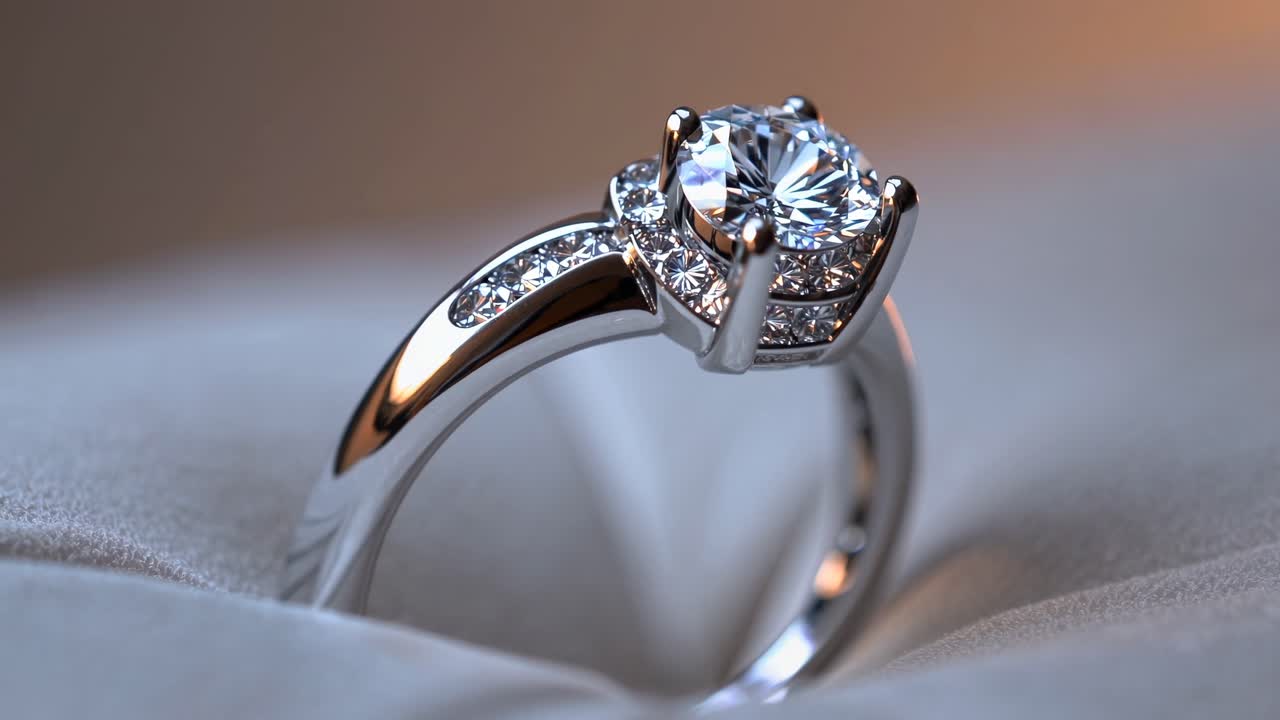 Video ravvicinato di un elegante anello di diamanti su una superficie morbida, che ne mostra i dettagli intricati