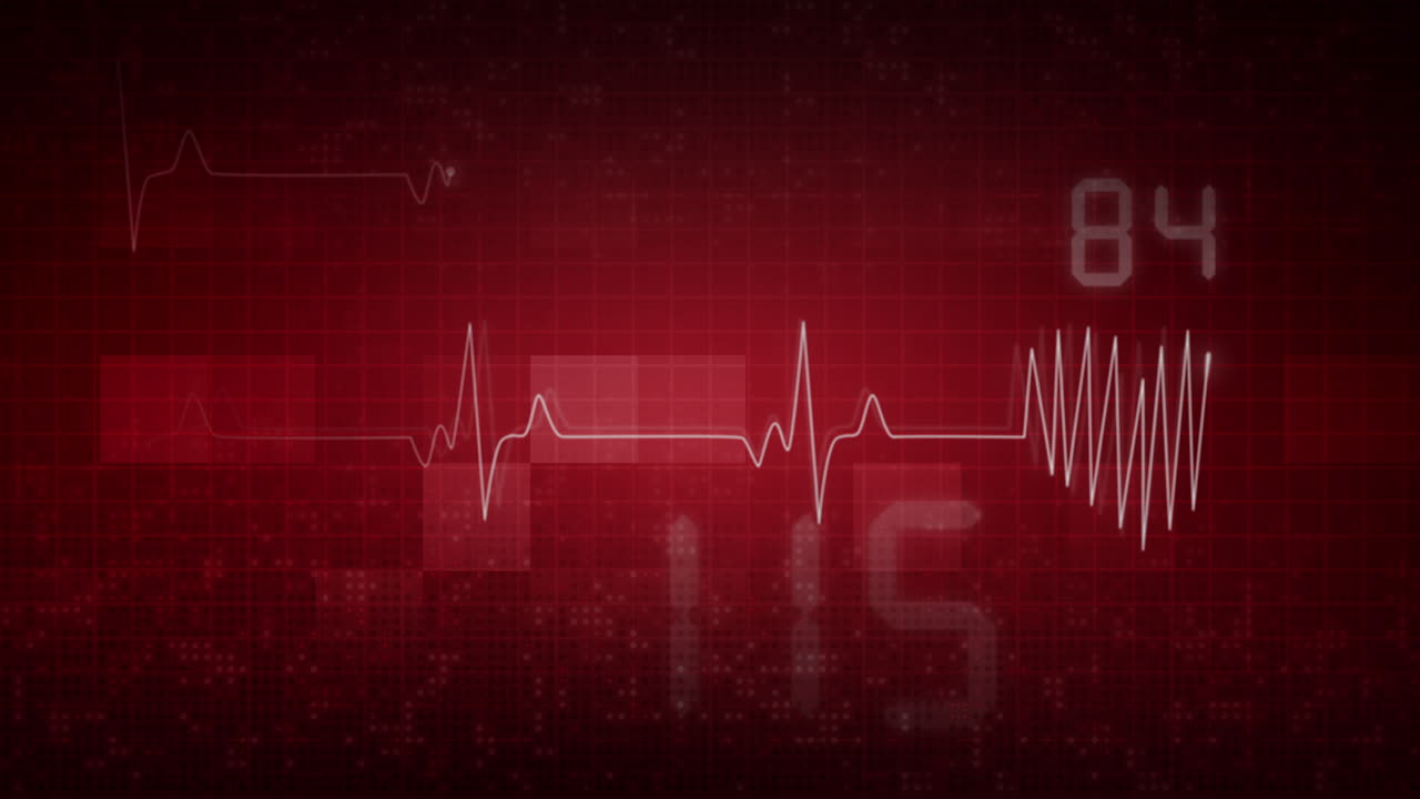 Cardiogram of heart beat. Abstract red background with medical indicators of heart rate. Looped animation with numbers.
