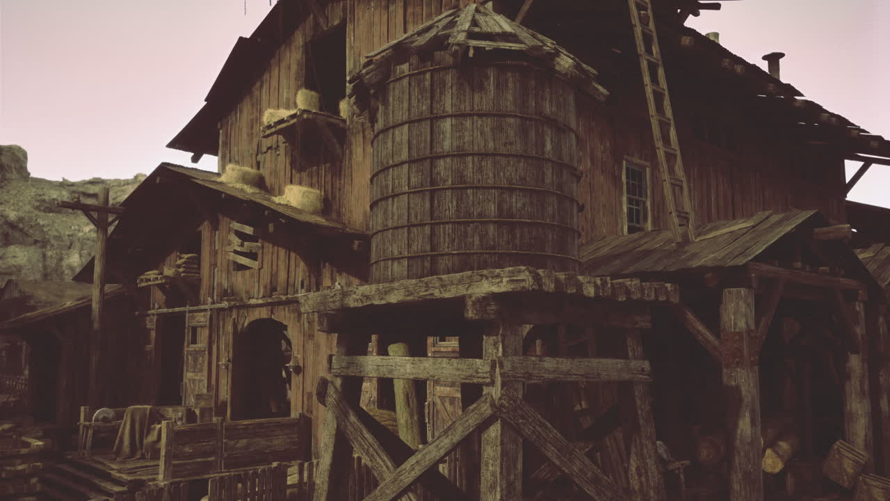 Historic wooden building with storage and rustic charm in a rural landscape