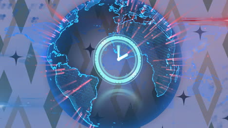 animación del escáner con la esfera del reloj sobre la red global azul y rosa brillante sobre el patrón de diamante