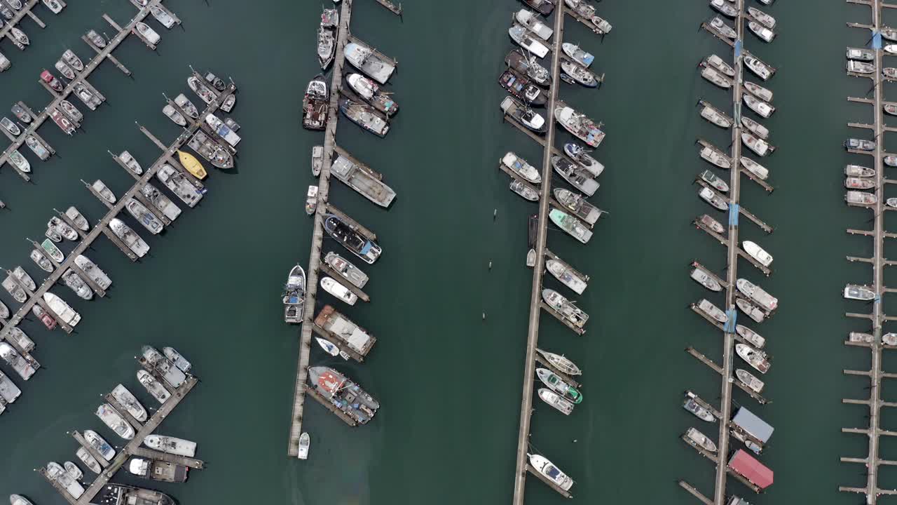 vista aérea a vista de pájaro de barcos y yates de vela, pesca y alquiler en el puerto de seward, alaska, ee.uu.