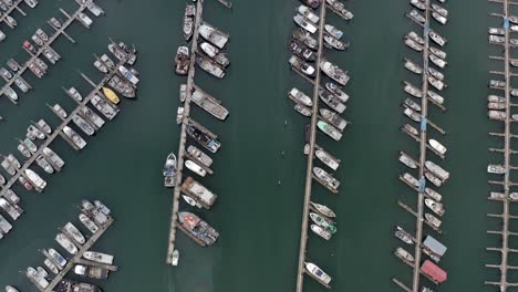 birds eye aerial view of sailing, fishing and charter boats and yachts in harbor of seward, alaska usa