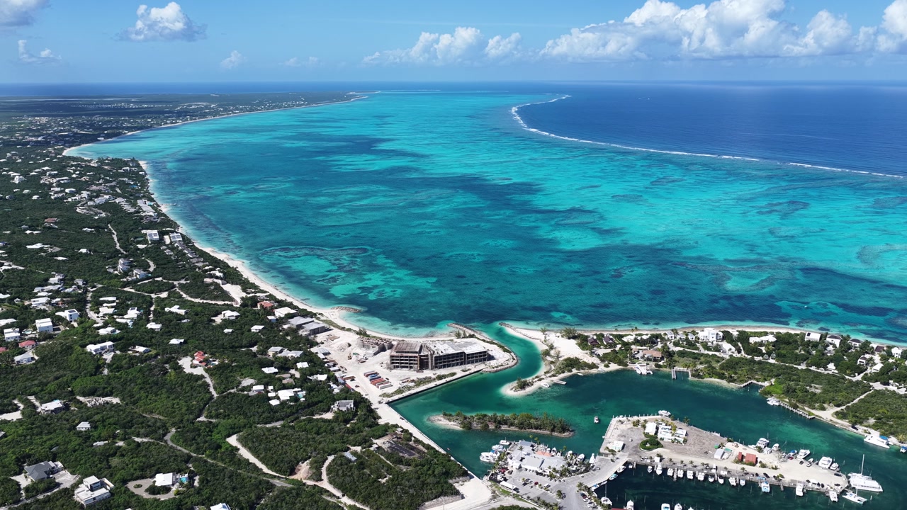 Coral Reef At Providenciales In Overseas Territory Turks And Caicos Islands. Beach Landscape. Shades Of Blue Watercolor. Travel Destination. Coral Reef In Providenciales In Nature Seascape.