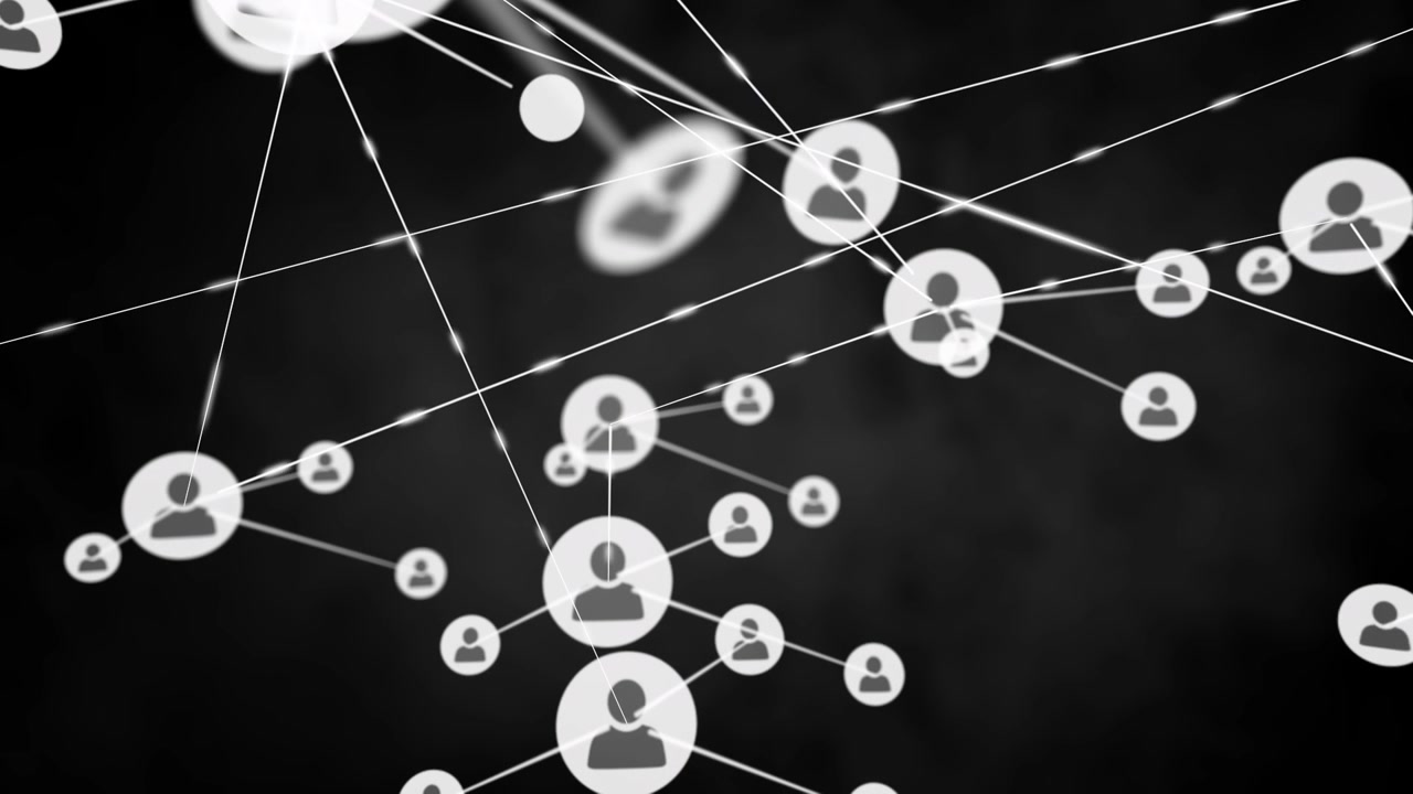 Animation of network of connections with icons over glowing spots