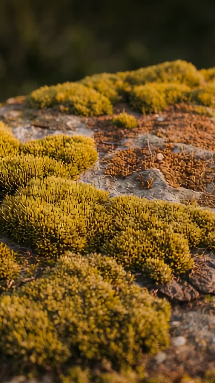 Video verticale: carrellata che rivela muschio verde su una roccia, mostrando licheni arancioni e minuscoli steli