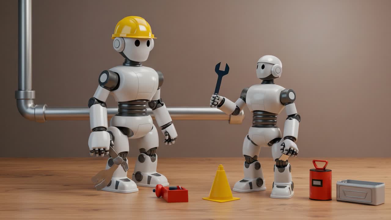 Two Construction Robots Collaborating on a Project: One Equipped with Tools, the Other Learning with a Safety Cone, Showcasing the Future of Automated Assistance in Construction Work