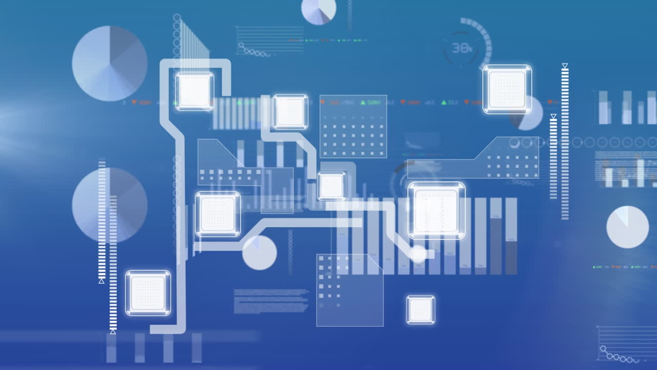 Animation of statistics and data processing over blue background