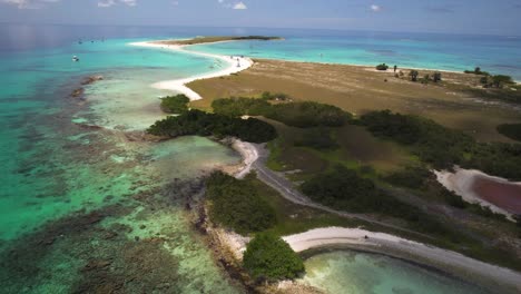 Cayo-De-Agua-Con-Sus-Aguas-Cristalinas-Y-Exuberante-Vegetación,-Tiro-De-Seguimiento-Inverso,-Vista-Aérea