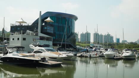 boats dock at seoul marina yacht club in han river at yeoido, seoul, south korea