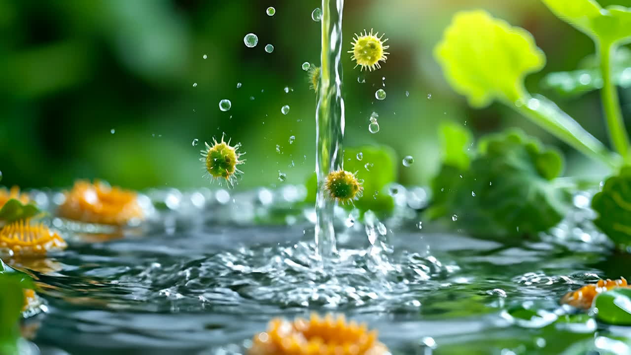 Gocce d'acqua su piante verdi. L'acqua gocciola dall'alto e cade su foglie verdi e piccoli fiori in un giardino durante le ore diurne.
