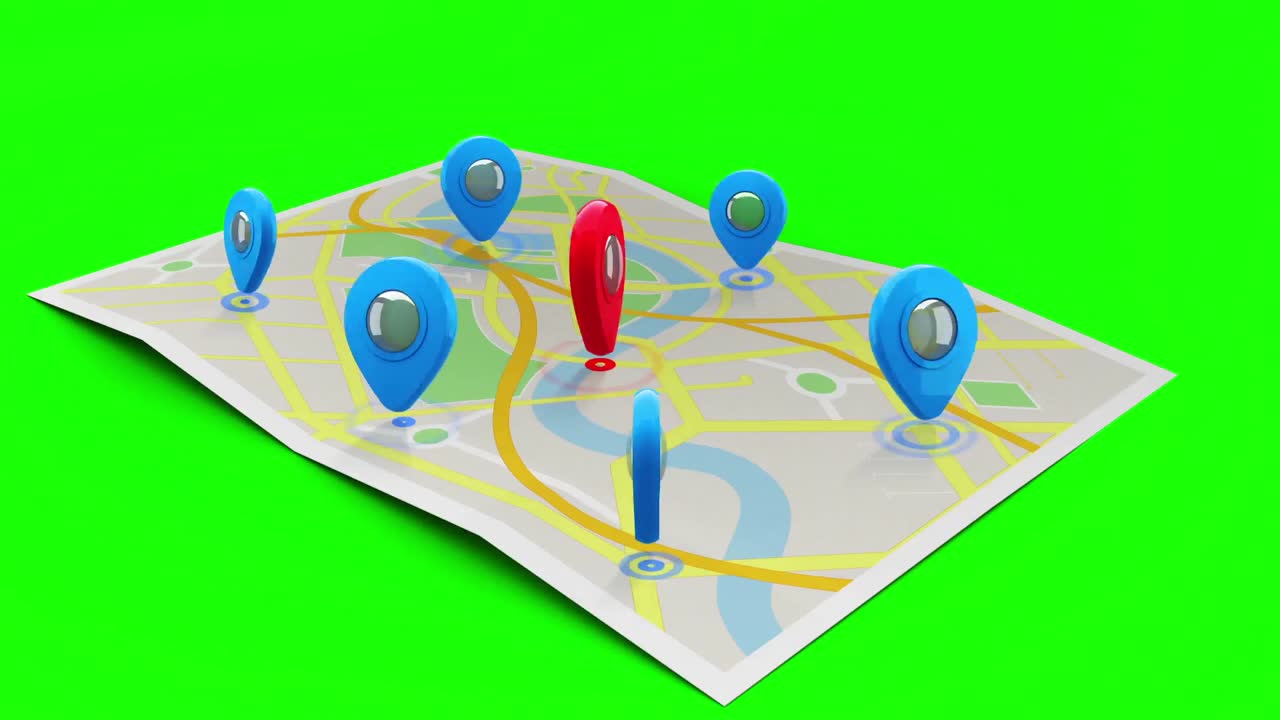 marcador rojo en un mapa rodeado de marcadores azules