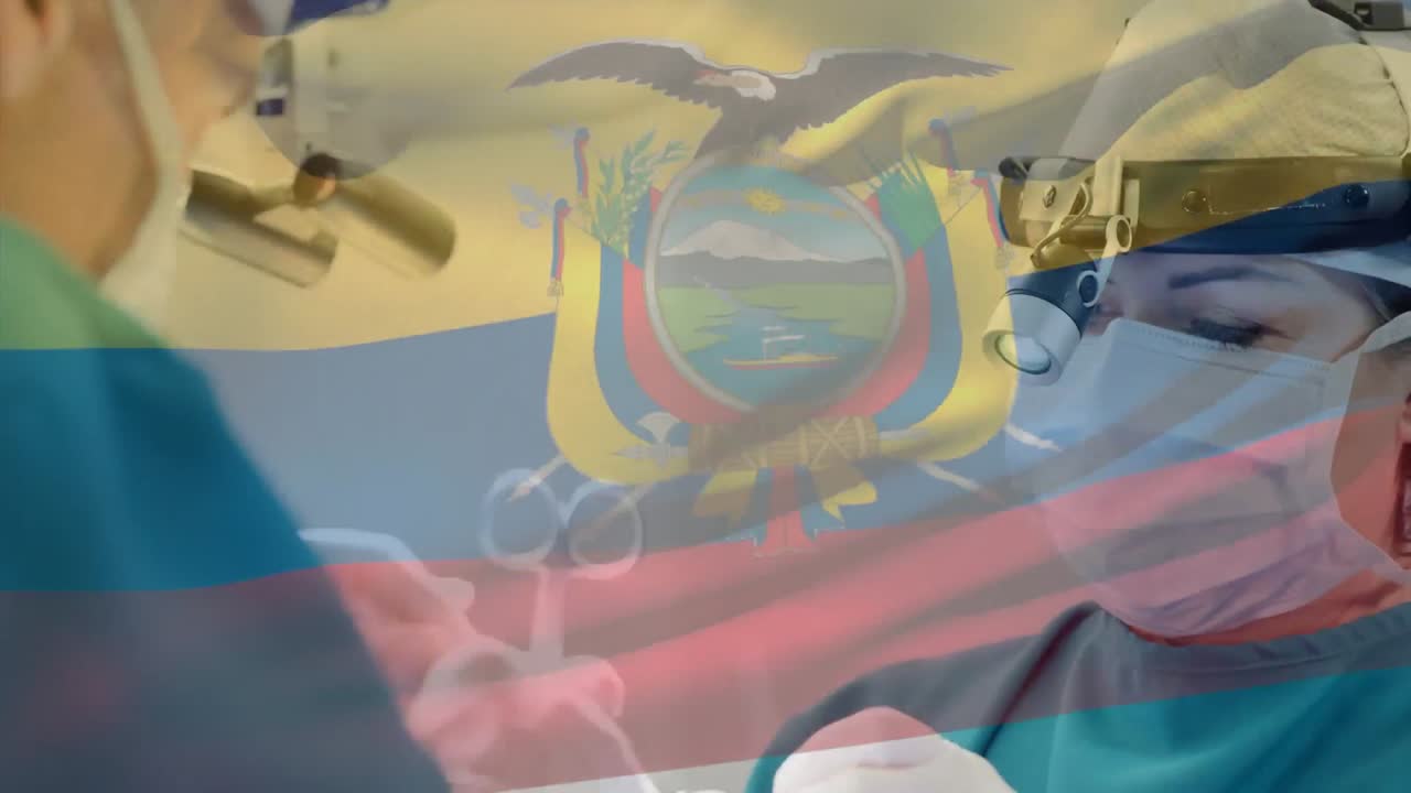 얼굴 마스크를 쓴 외과 의사 들 위 에 에 ⁇ 도르  ⁇ 발 이 흔들리는 애니메이션