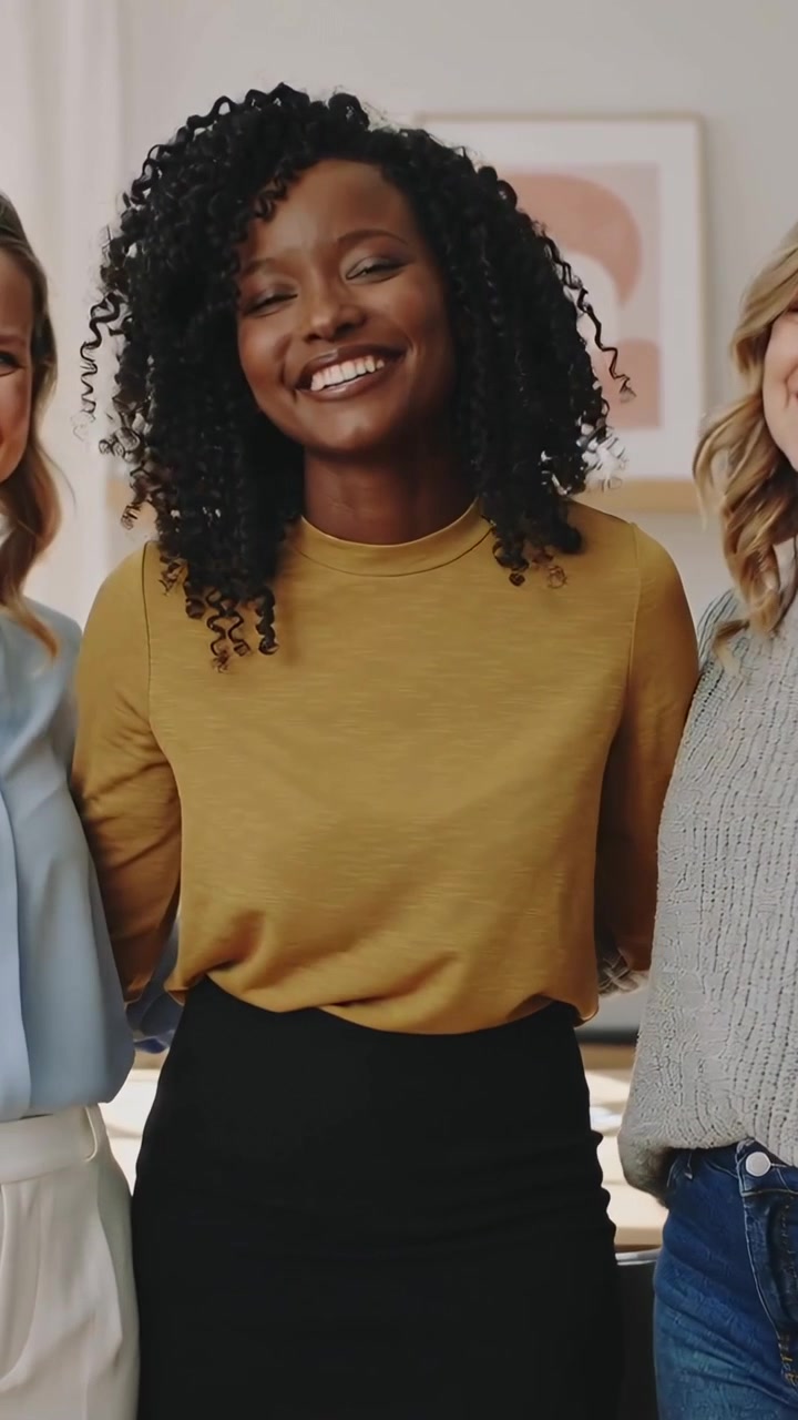 Vídeo vertical: Mulher sorridente ao centro, de blusa mostarda, rindo após a deixa, posando em casa com um quadro.