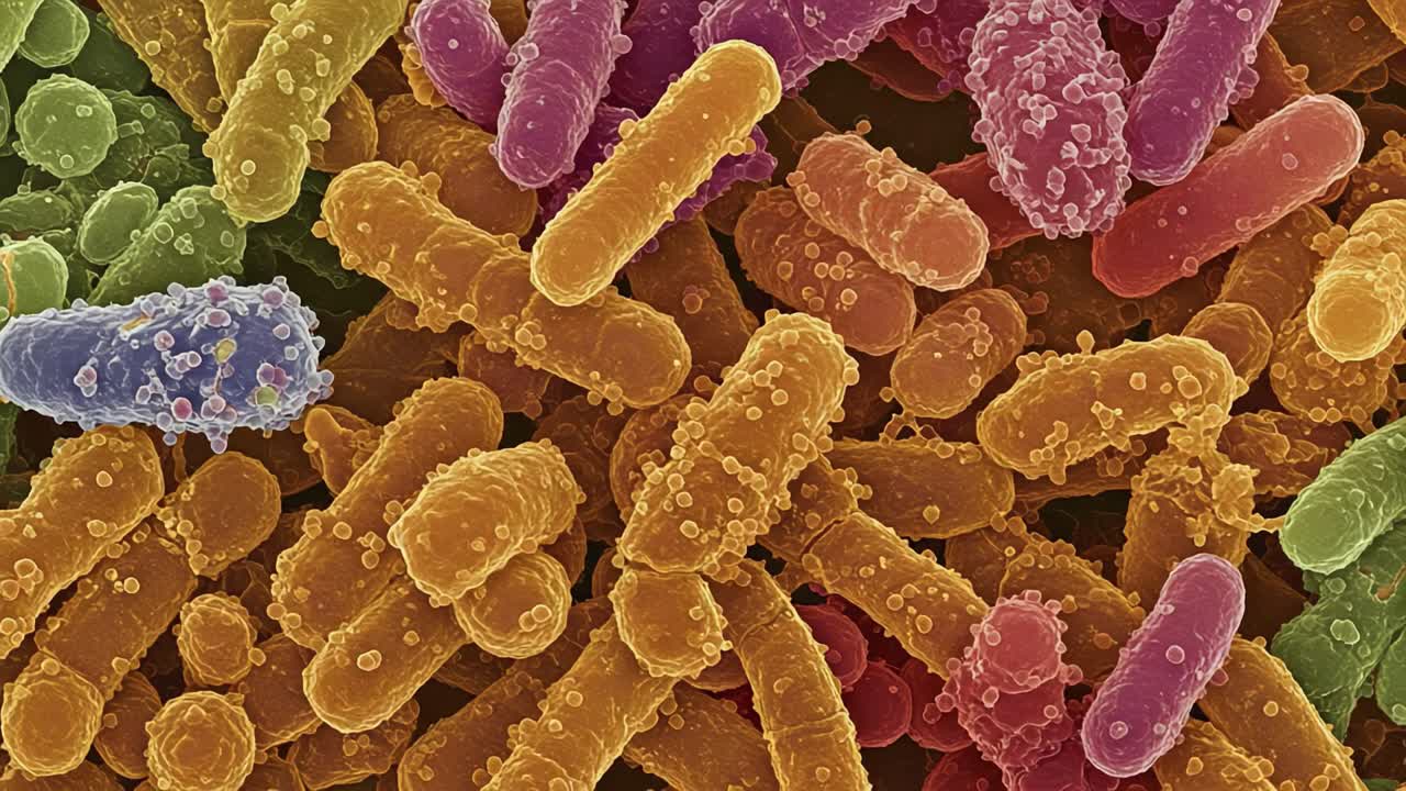 Diverse Microscopic View of Bacterial Colloquium Illustrating Varied Shapes, Sizes, and Colors of Microorganisms in a Vibrant Scientific Visualization