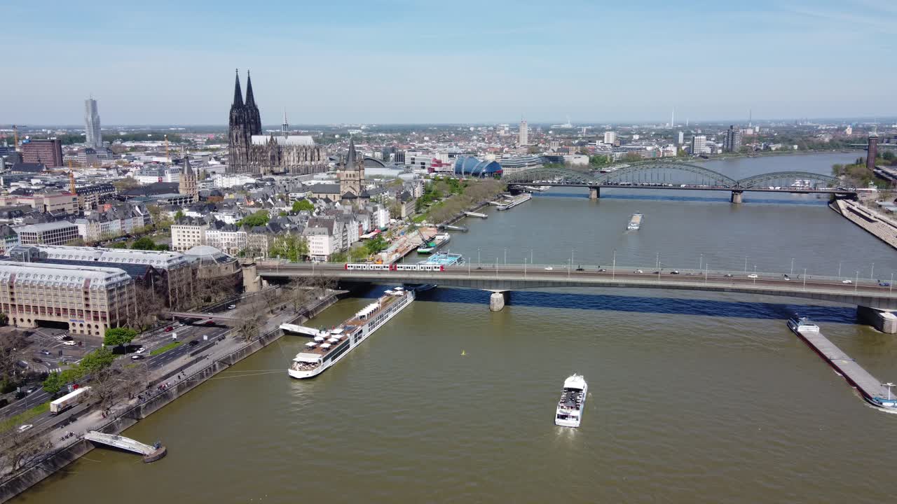 Aerial view of Cologne cityscape with the view of Cologne Cathedral, Deutzer Bridge and Hohenzollern Bridge