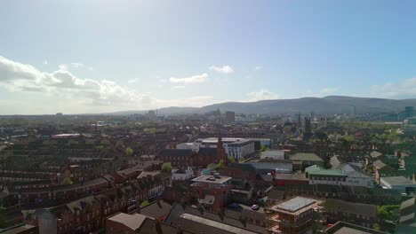 Aerial-shot-flying-over-East-Belfast,-Northern-Ireland-on-a-bright-spring-day