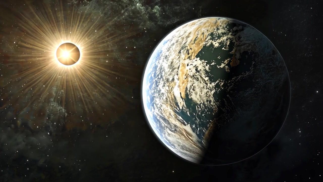 Solar Eclipse Over Planet Earth in Deep Space