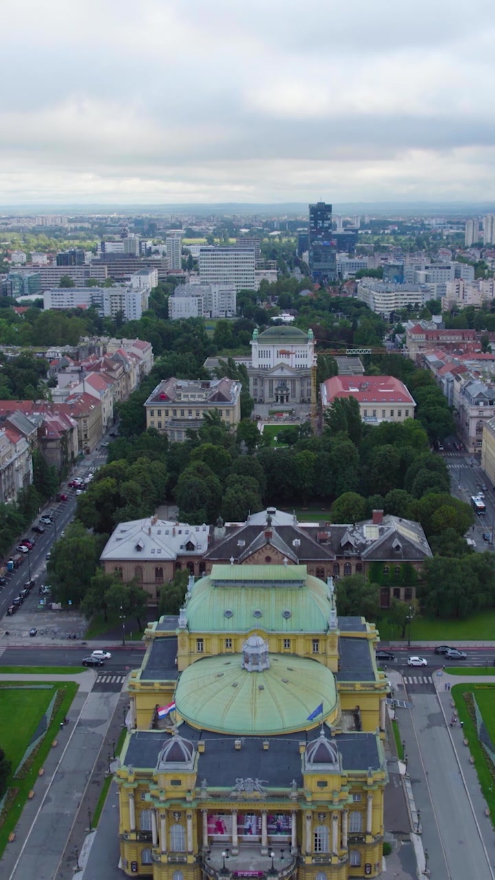 Flying backwards over the yellow Croatian National Theatre in Zagreb, Croatia, gradually unveiling its grand façade, ornate architecture, and surrounding historic cityscape. Vertical Shot