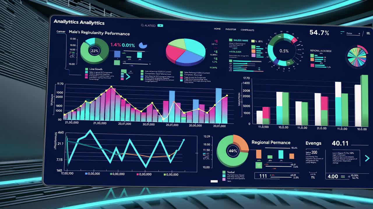 Futuristic video dashboard with vibrant graphs and charts, viewed from a slight upward angle