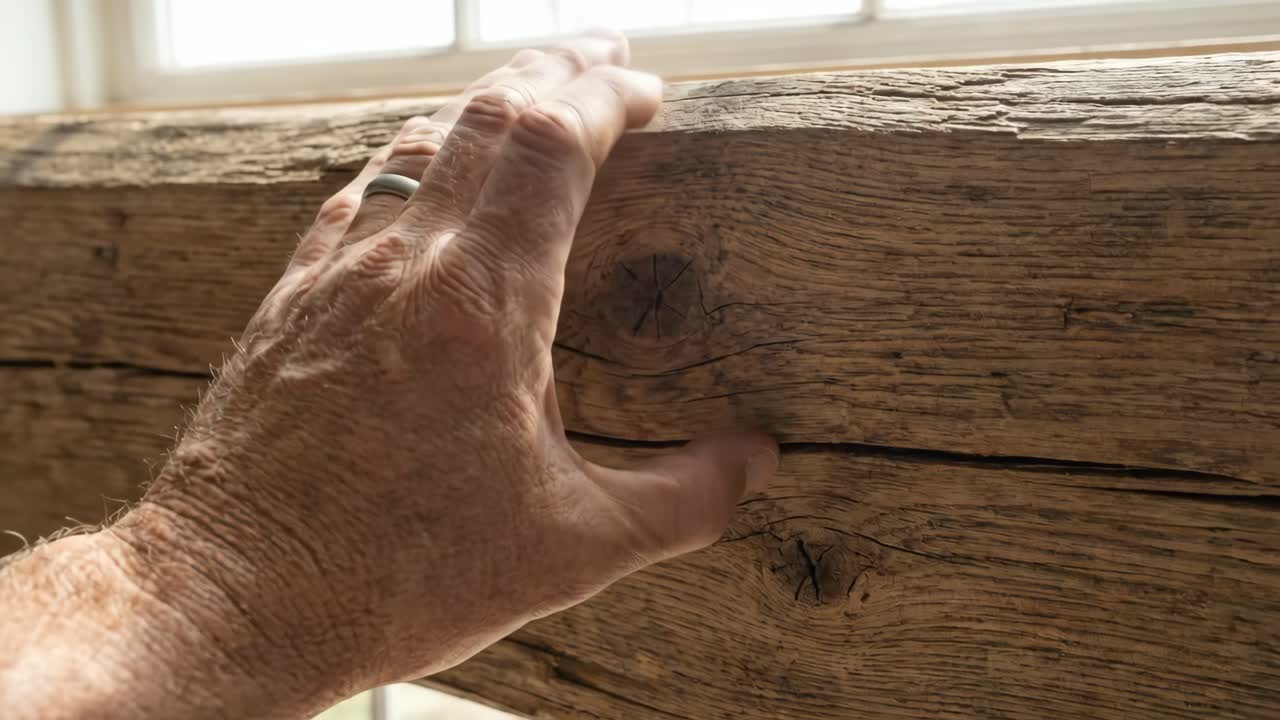 Una mano tocca delicatamente una trave di legno rustica vicino a una finestra