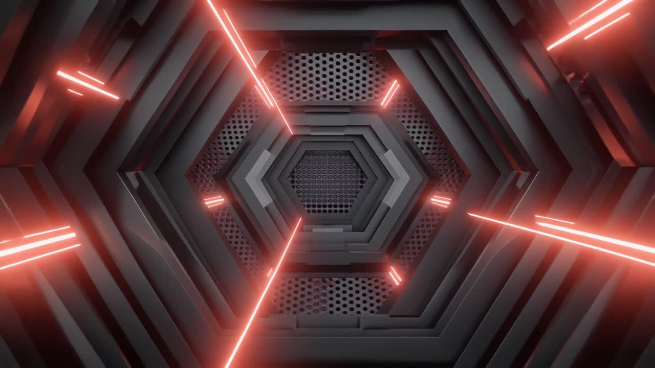 Volare attraverso un tunnel futuristico esagonale buio con luci al neon rosse