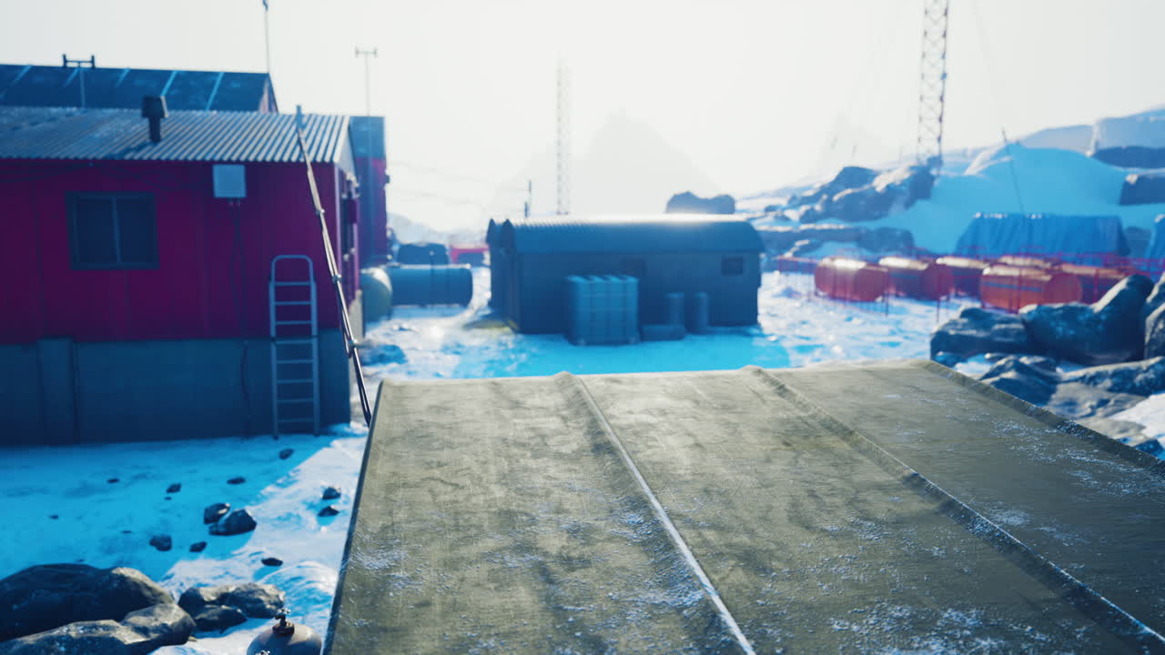 남극 의 극 역 건물 주변 에 눈 이 내리고 있다