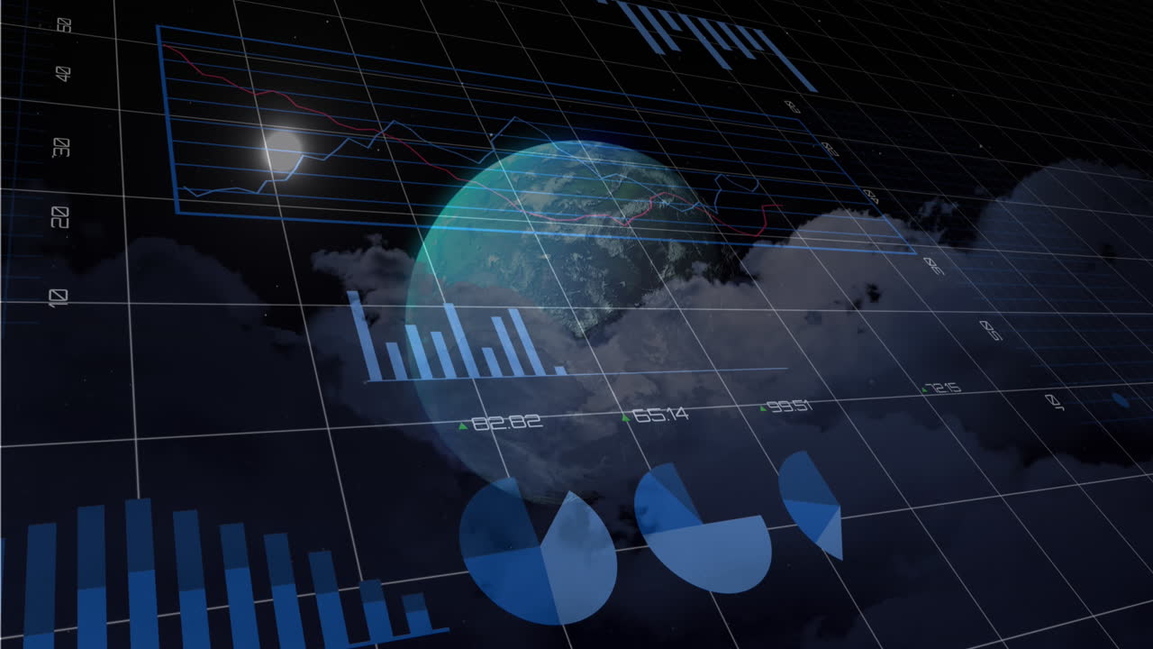 Animation of graphs, changing numbers over dense clouds against moon and globe on black background