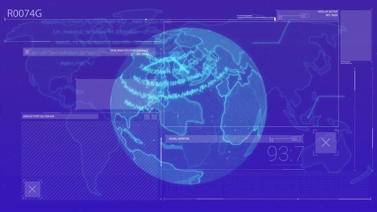 Animation of globe, statistics and data processing over blue background