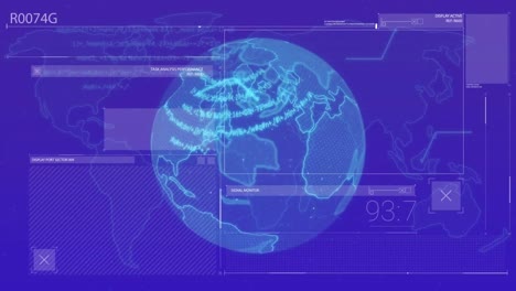 animation of globe, statistics and data processing over blue background