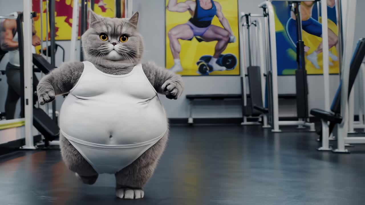 Funny overweight cat running on treadmill in gym wearing white tank top and shorts, trying to lose weight, with posters of bodybuilders in the background