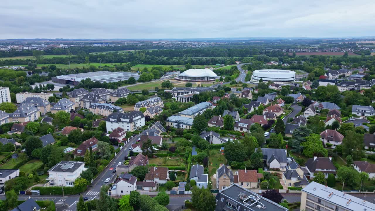 Approaching aerial drone movement to the Zenith, Sports Palace and exhibition centre, Caen, France.