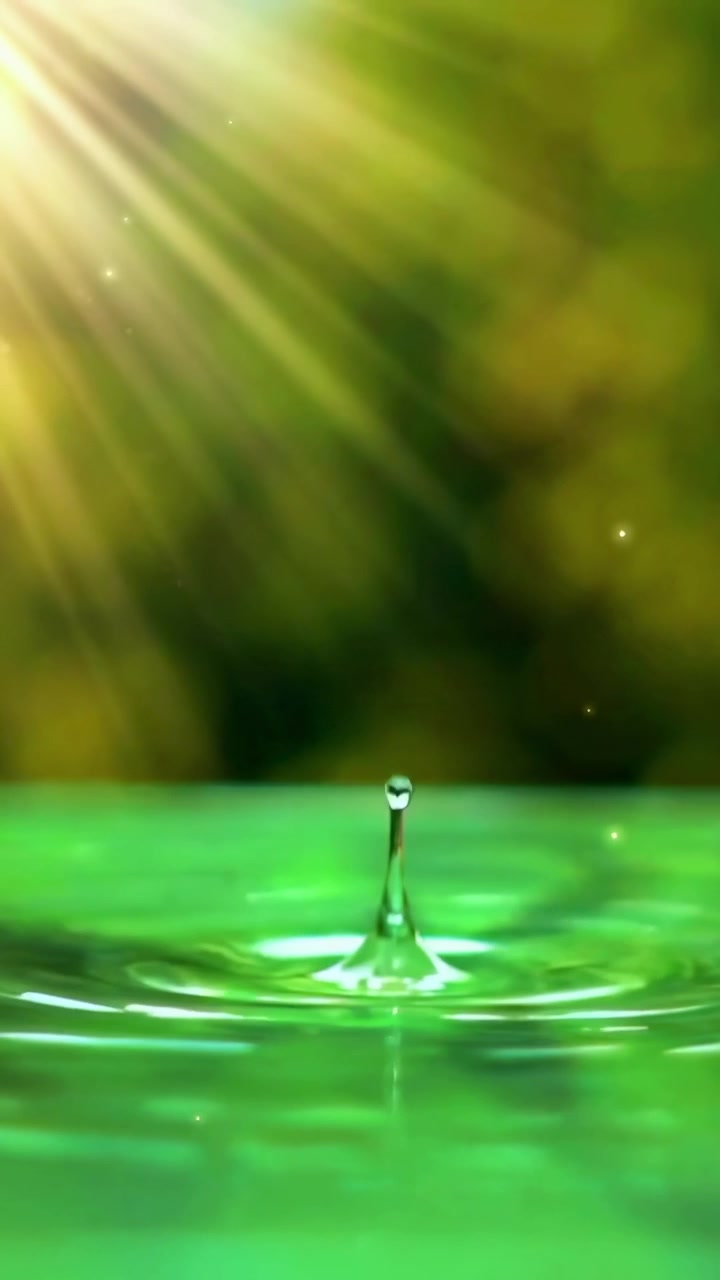 Water Droplets Falling into Green Liquid with Sunbeams