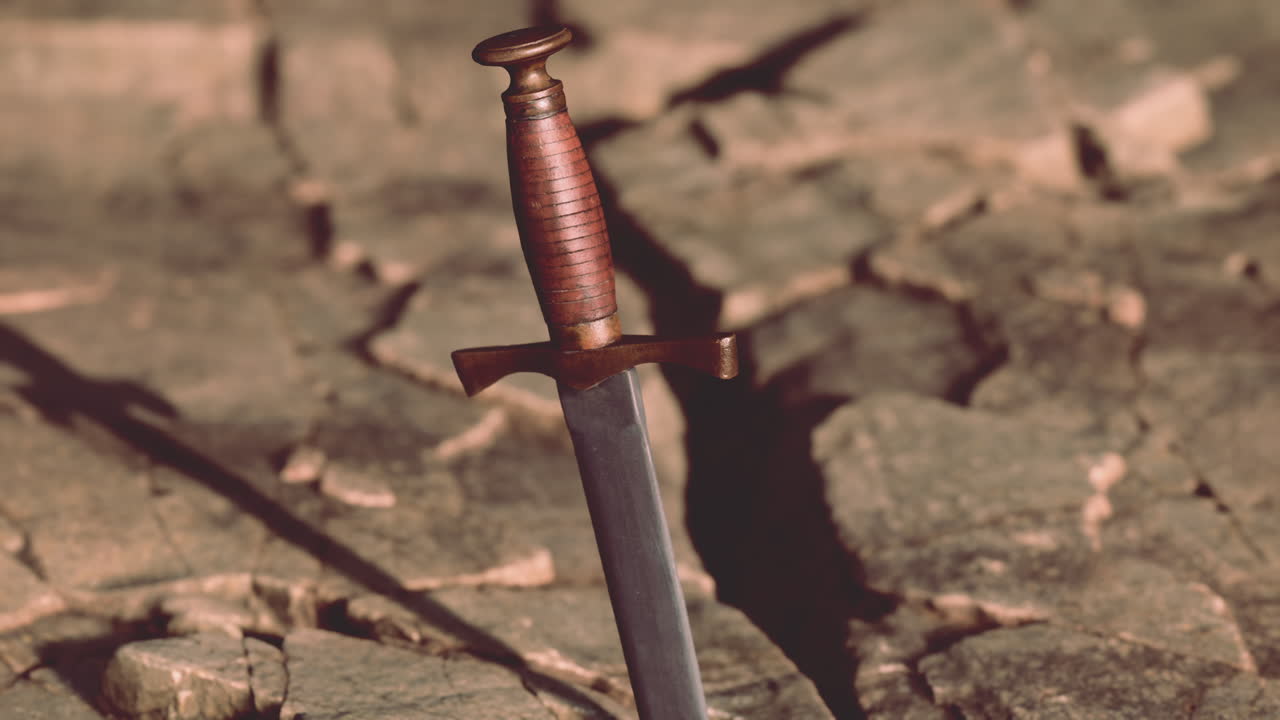 la espada excalibur en la piedra rocosa al atardecer