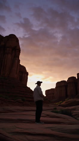 a lone figure against a dramatic desert canyon sunset