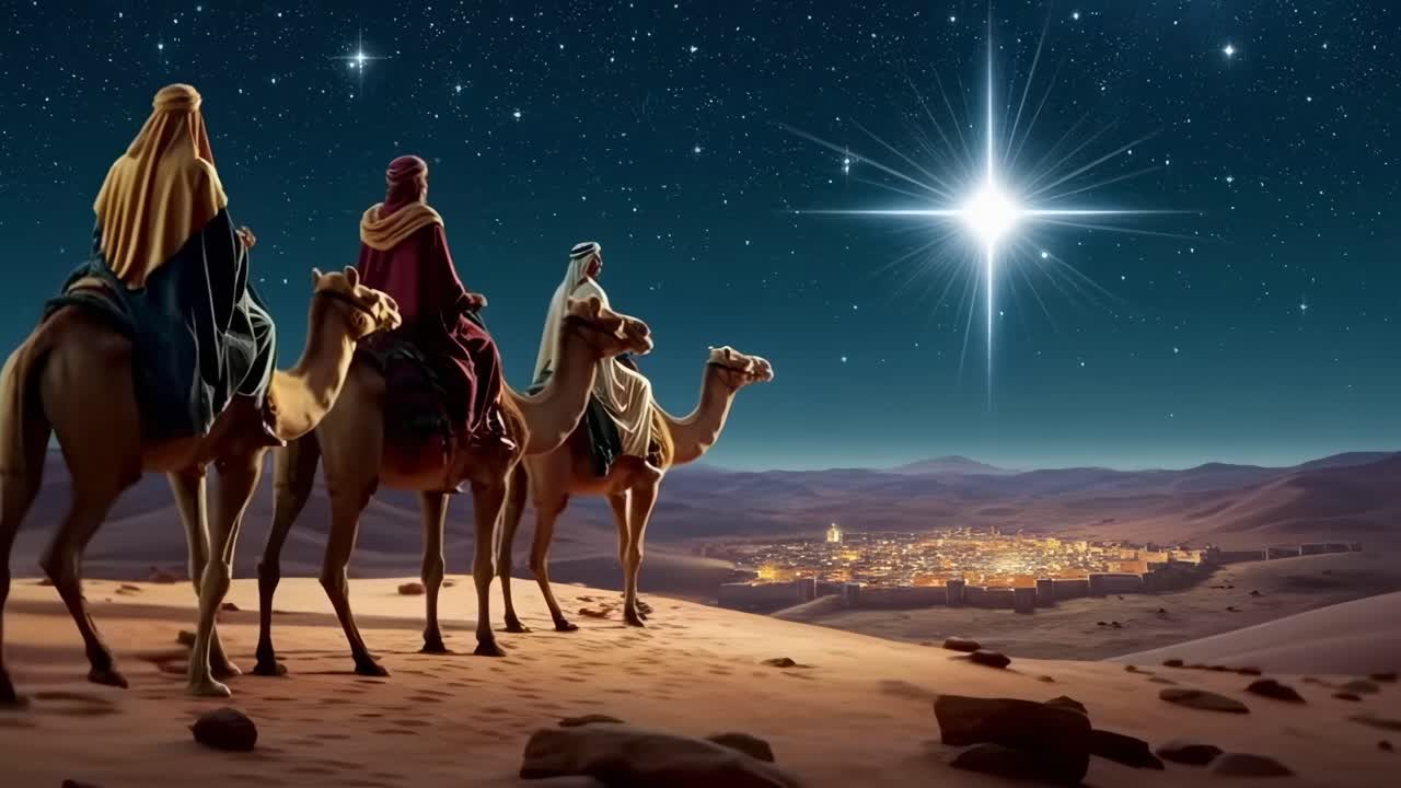 Tre Re Magi su cammelli sotto un cielo stellato, vista grandangolare, stile video cinematografico
