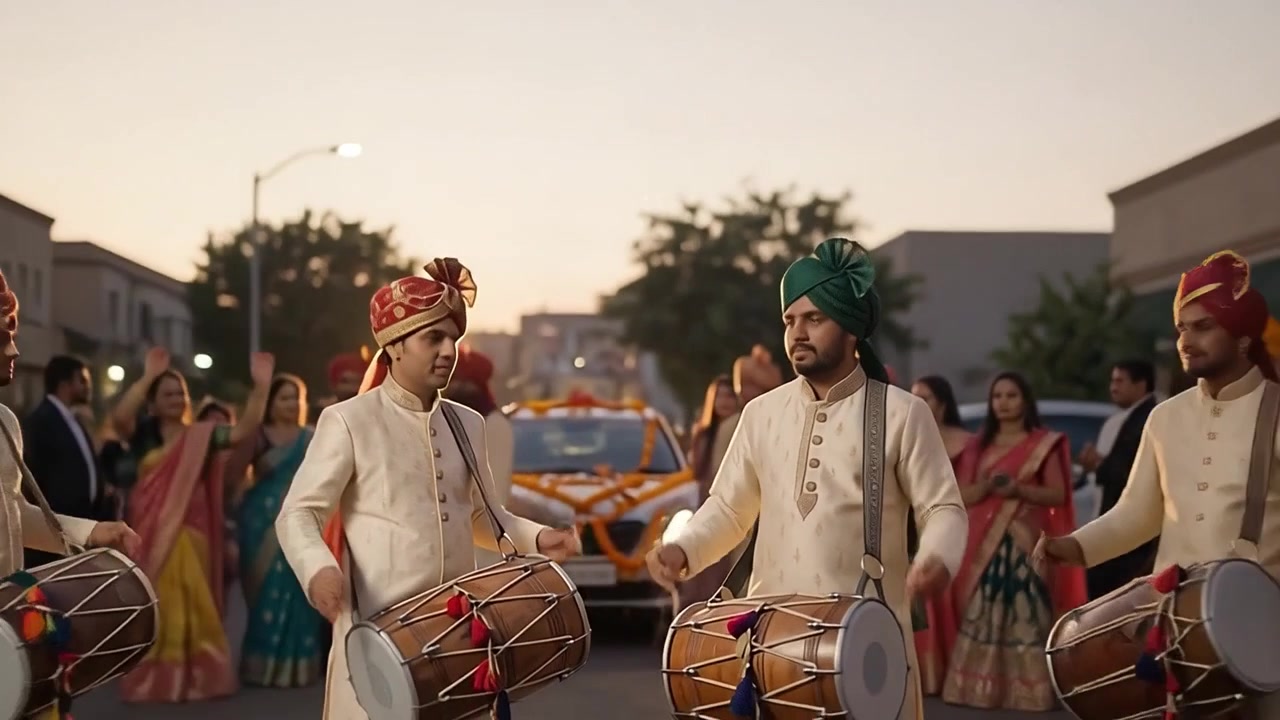 Homens indianos tocando tambores Dhol em uma celebração de casamento tradicional