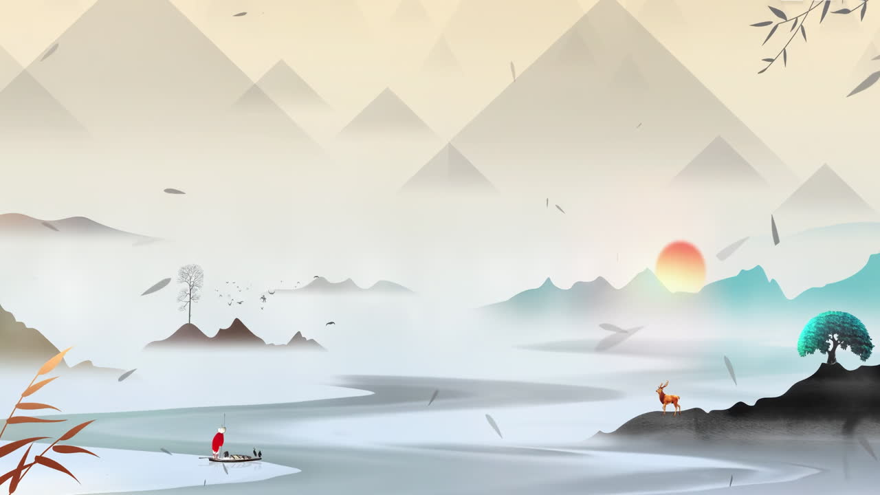 Fantasy bright ambience small village landscape of beautiful morning sky, mountains, flowers, lake, ancient house with simple animation in Japanese Chinese anime watercolour style