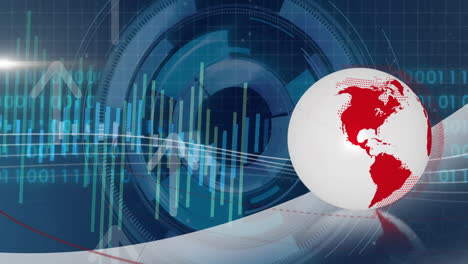financial data and global market trends animation over digital world map and graphs
