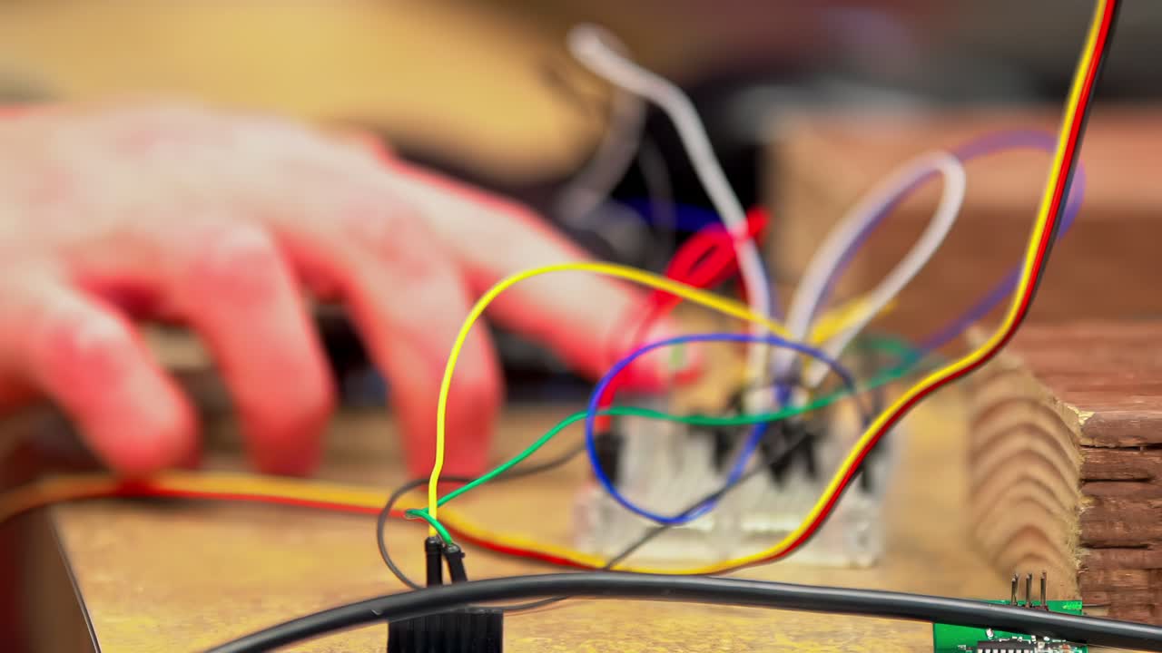 Elektronisk kredsløb, der bliver lavet som prototype på et loddefrit breadboard, AI computerprojekt