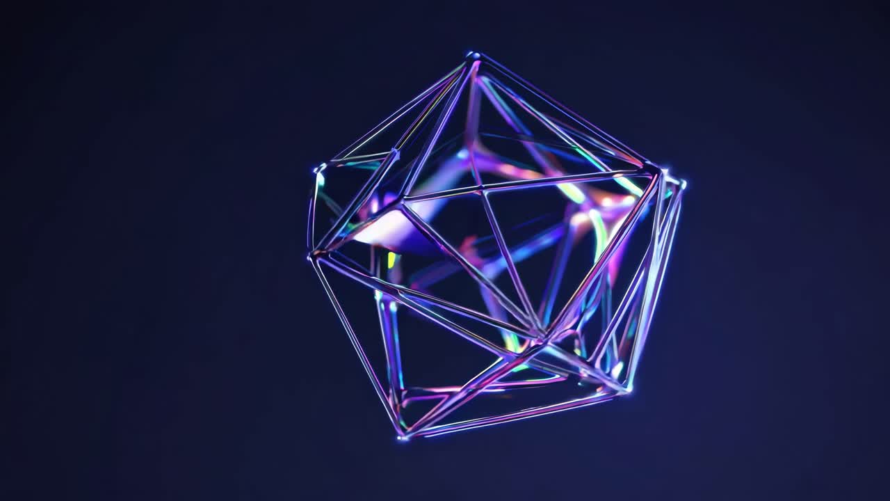 A 3D geometric shape with neon lights, viewed from a low angle