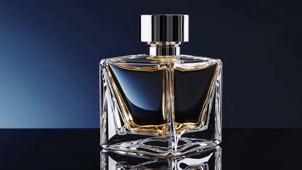 Flacone di profumo di lusso con vetro riflettente e liquido scuro