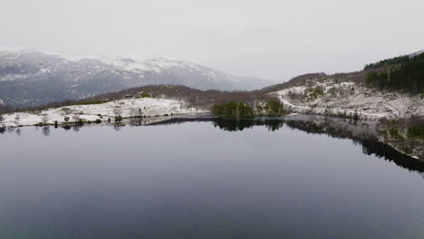 amazing scenery of lake and mountains in norway - aerial shot