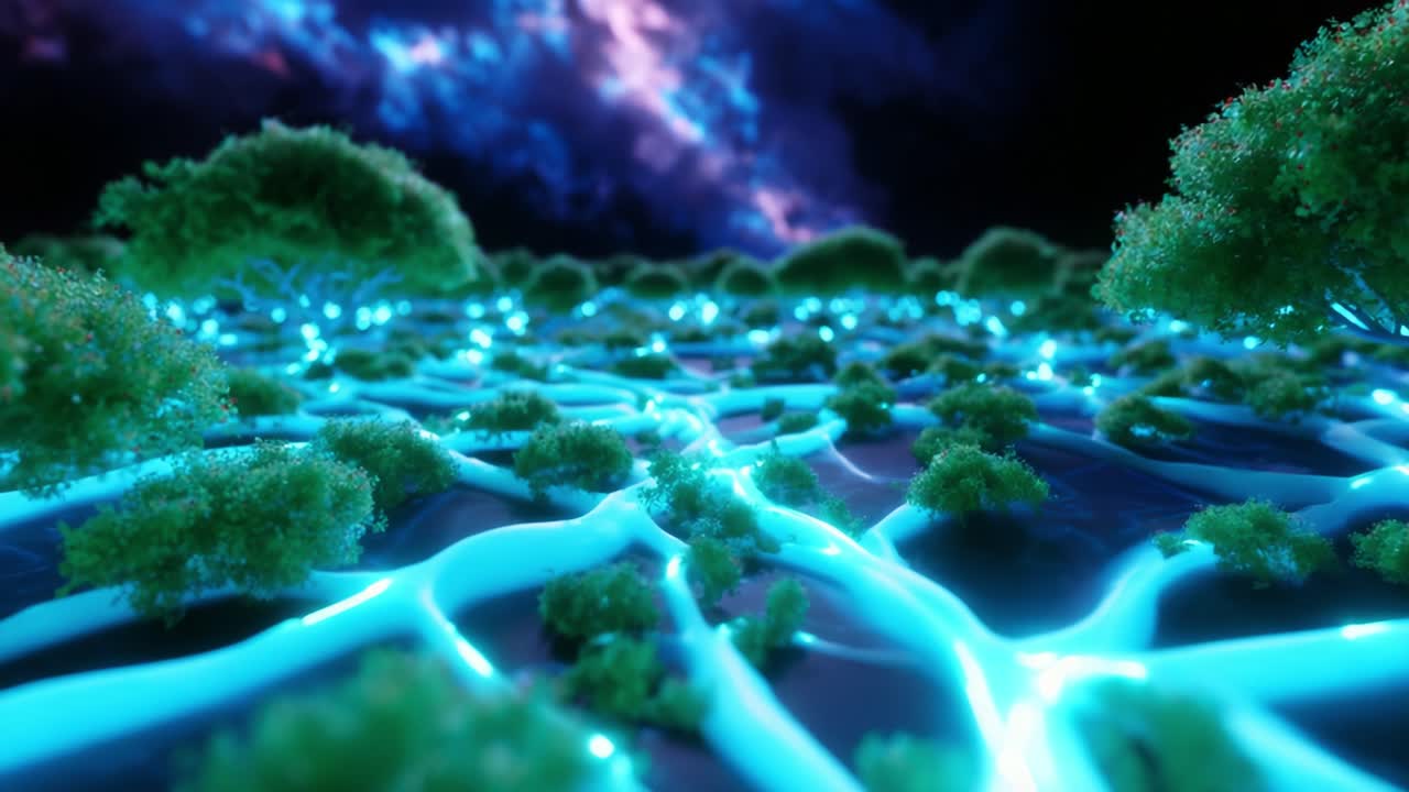 A breathtaking visualization of a glowing, interconnected landscape filled with luminescent trees and ethereal paths, showcasing a magical fusion of nature and digital artistry in a cosmic environment