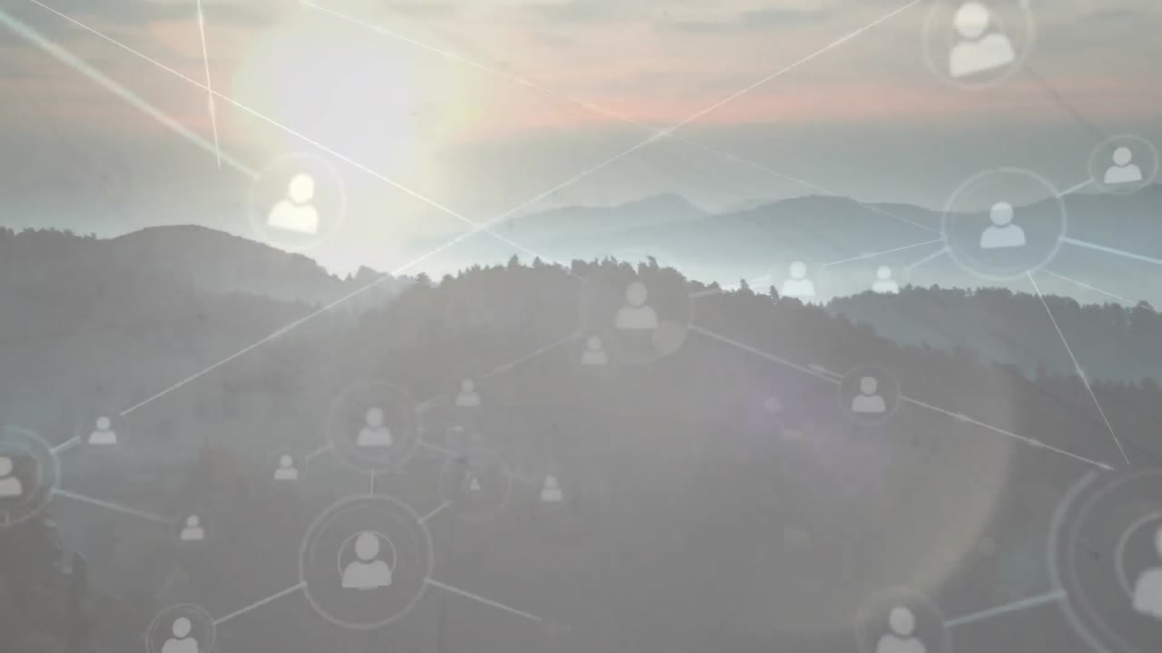 animación de la red de conexiones con iconos sobre el paisaje