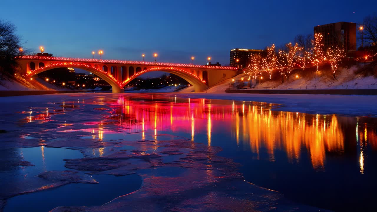 A Stunning View of a Brightly Lit Bridge Reflected in a Calm River During a Winter Evening: Captivating Colors and Holiday Lights Creating a Picturesque Scene at Dusk