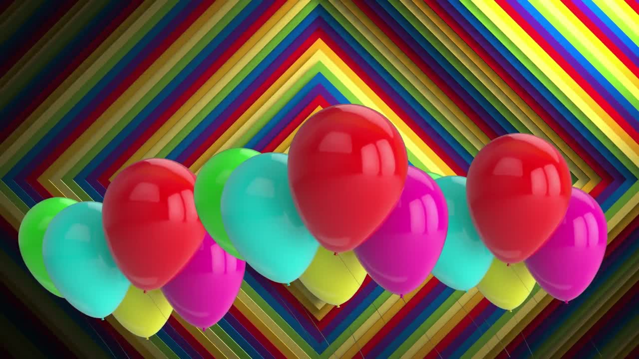Animación de globos sobre un fondo con patrón de arcoíris.