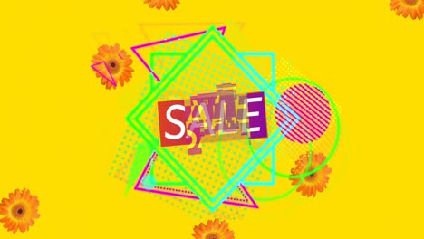 Animation-of-sale-text-over-shapes-and-flowers-in-background