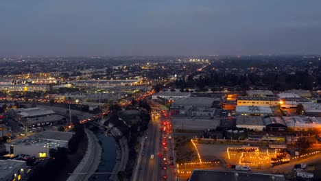 Rush-Hour-Traffic-On-Congested-Road-And-Highways-At-Night-In-Los-Angeles-California,-USA