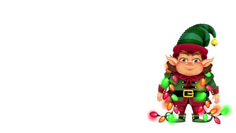 ilustración animada de 4k de elfo de navidad feliz con luces de cadena parpadeantes ondeando sobre fondo blanco
